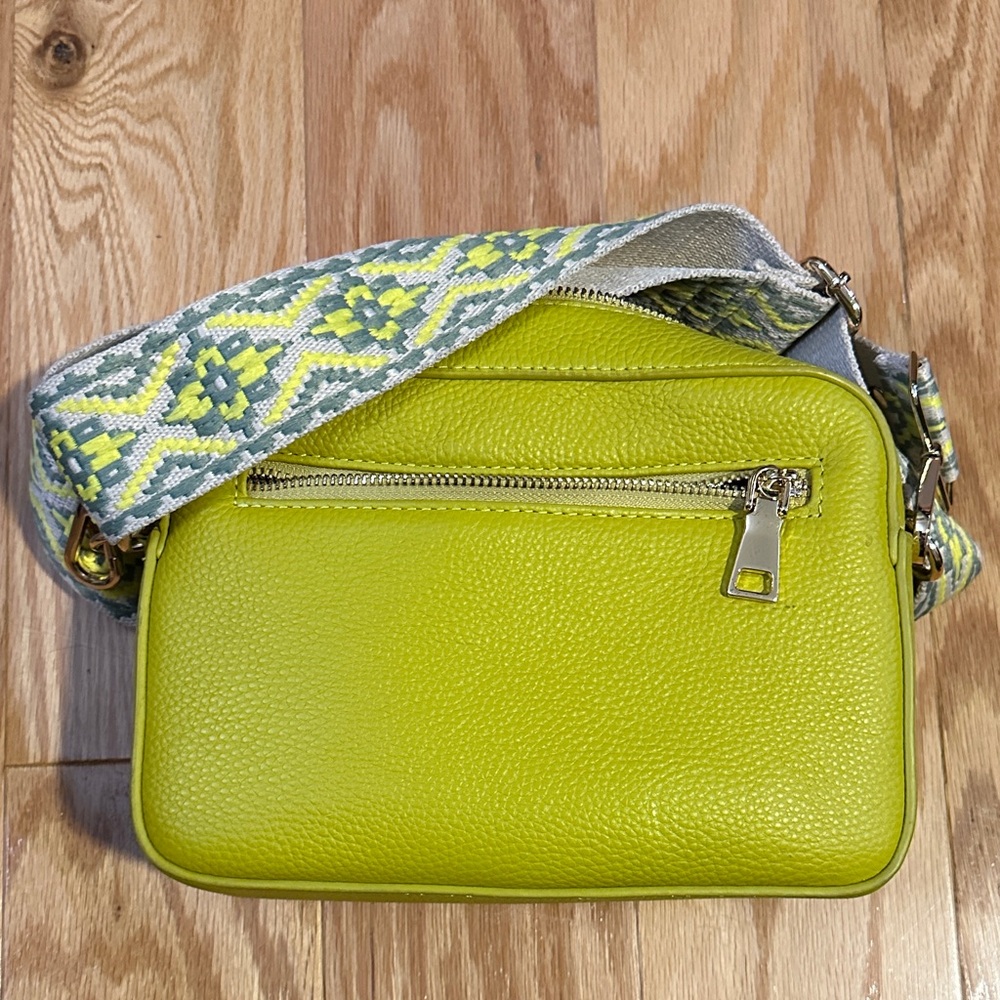 Lime Green Crossbody Bag with Patterned Strap by PomPom London